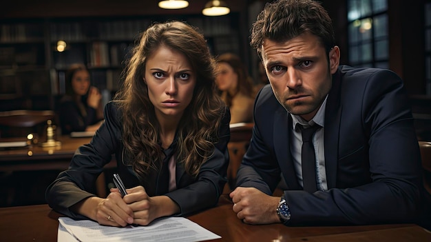 un homme et une femme en costume regardent un document qui dit " l'homme le regarde "