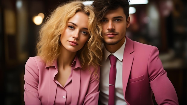 Un homme et une femme en costumes et cravates roses posant pour une photo IA générative