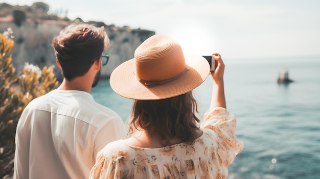 Homme et femme couple avec chapeau prenant un selfie avec téléphone portable pendant leurs vacances d'été au bord de la mer Été à la plage Vacances en couple Generative ai