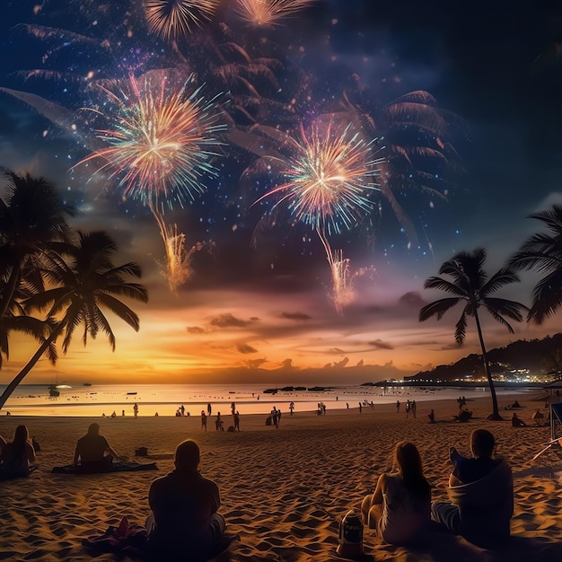 Un homme et une femme couple regardant un feu d'artifice coloré à la plage pour célébrer des vacances ou une bonne année