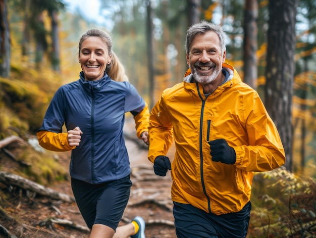 Un homme et une femme courent dans les bois