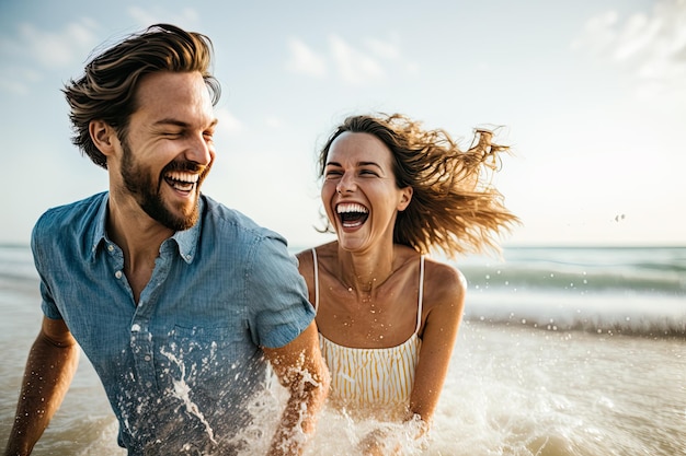 Un homme et une femme courent à travers l'eau à la