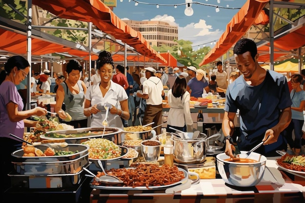 Un homme et une femme cuisinent à un stand de nourriture.