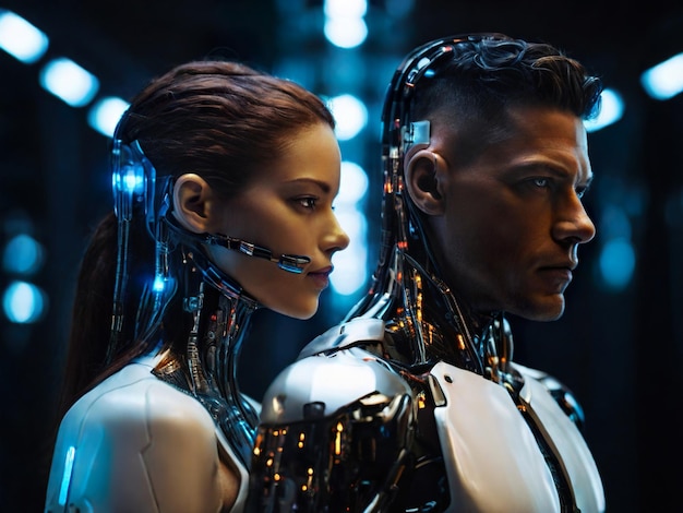 L'homme et la femme cyborg sont debout ensemble