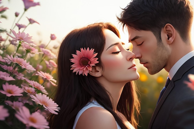 Un homme et une femme dans un champ de fleurs