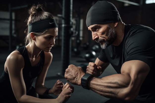 Un homme et une femme dans un gymnase, l'un d'eux porte une chemise noire et l'autre porte un bandeau noir.