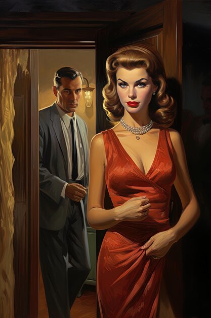 un homme et une femme dans une robe rouge regardent un miroir