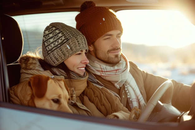 un homme et une femme dans une voiture avec un chien