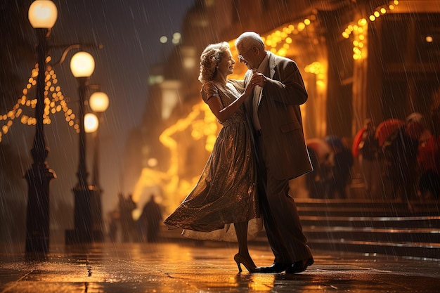 Un homme et une femme dansent sous la pluie.
