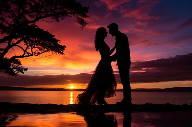 Un homme et une femme debout l'un à côté de l'autre devant un coucher de soleil