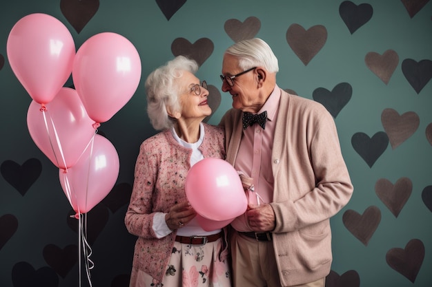 Un homme et une femme debout l'un à côté de l'autre tenant des ballons roses AI générative