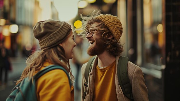 Un homme et une femme debout dans une rue de la ville le jour de la Saint-Valentin