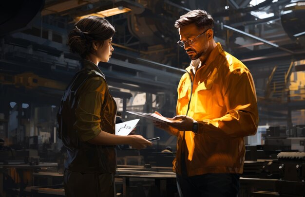 Un homme et une femme debout dans une usine