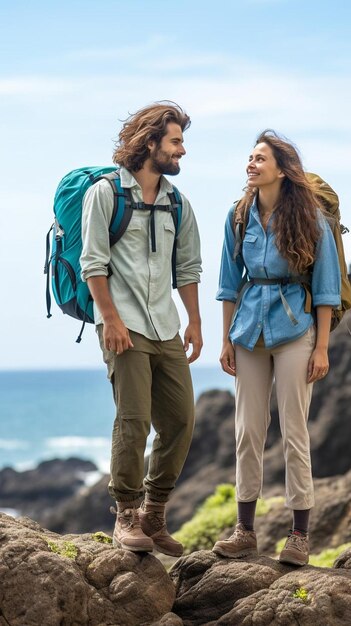 un homme et une femme debout sur une plage rocheuse