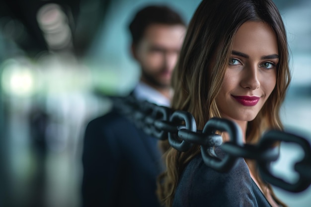 Photo un homme et une femme derrière une chaîne de métal dans un champ