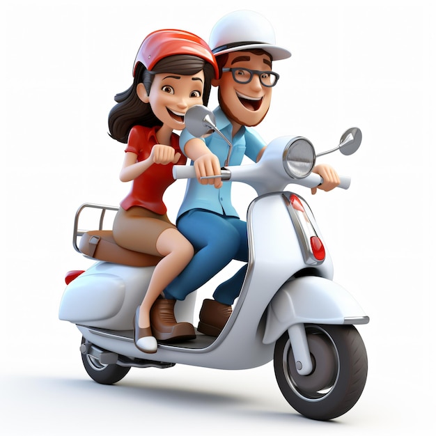 Homme et femme de dessin animé 3D sur un scooter isolé