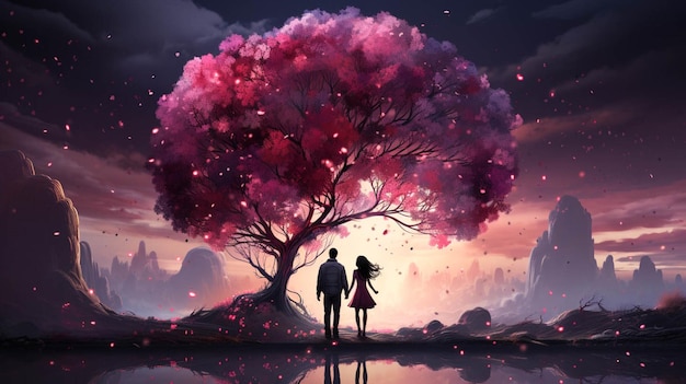 Un homme et une femme devant un arbre en forme de cœur pour la Saint-Valentin.