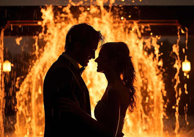 Un homme et une femme devant un feu.