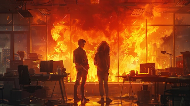 Un homme et une femme devant un immeuble en feu.