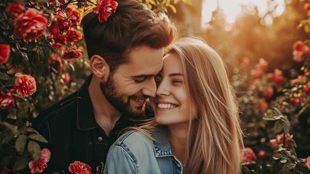 Photo un homme et une femme devant des roses ai générative