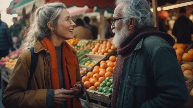 Un homme et une femme discutant devant un stand de fruits