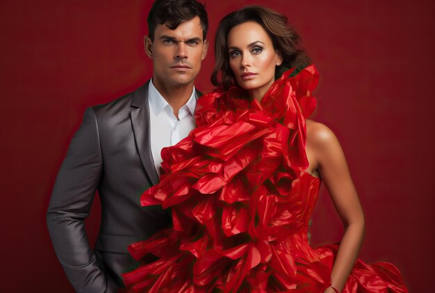 Photo un homme et une femme drôles en robe rouge posant pour une photo de carte de saint-valentin dans le style de l'image uhd