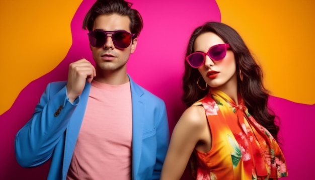 Homme et femme élégants portant des lunettes de soleil aux couleurs vives