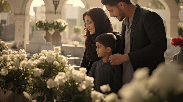 Homme femme et enfant admirant de belles fleurs dans un jardin Eid