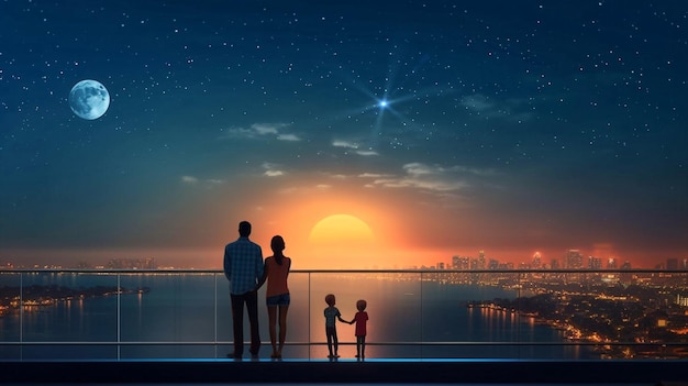 homme femme enfants debout sur la terrasse du toit et regarder le ciel étoilé et la lune et la lumière floue de la ville