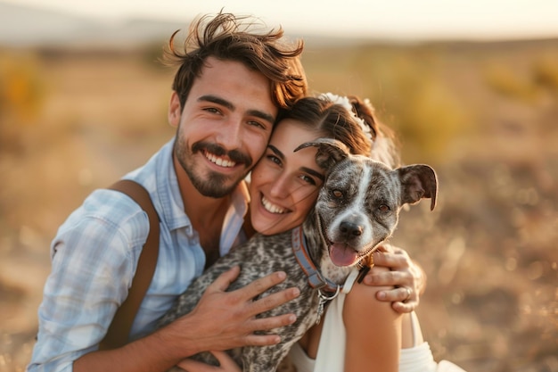 Un homme et une femme étreignent un chien dans un champ.