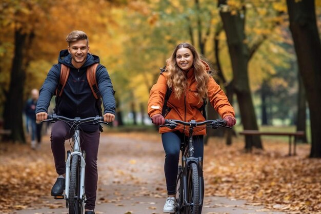 un homme et une femme faisant du vélo dans un parc