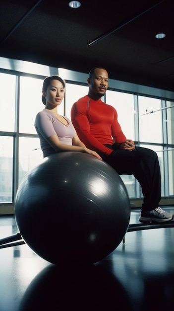 Homme et femme faisant une formation d'électrostimulation musculaire dans une salle de sport moderne avec une bal Generative AI