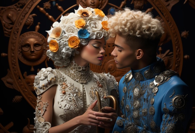 Un homme et une femme avec des fleurs dans les cheveux.