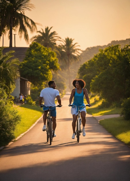 un homme et une femme font du vélo sur une route.