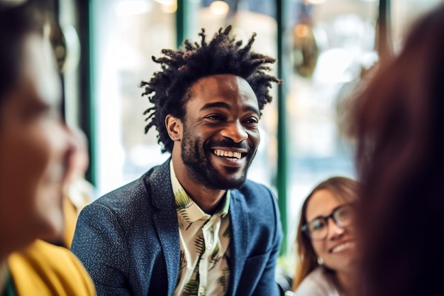 Homme femme groupe d'amitié africaine café de travail heureux ami joyeux parlant américain IA générative