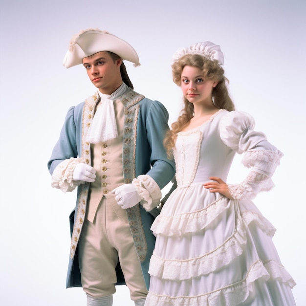 Photo un homme et une femme habillés en vêtements du 18ème siècle posent et regardent dans la caméra