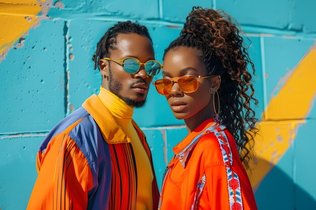 Un homme et une femme heureux en lunettes de soleil debout ensemble devant le mur bleu