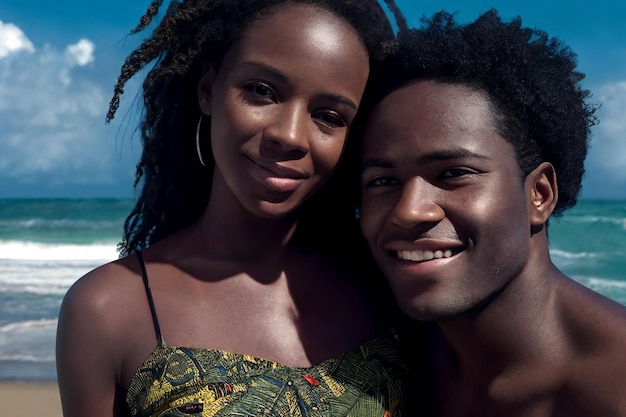 Un homme et une femme heureux et souriants sur la plage sur la toile de fond des vagues de l'océan Un jeune et beau couple d'Afro-Américains amoureux