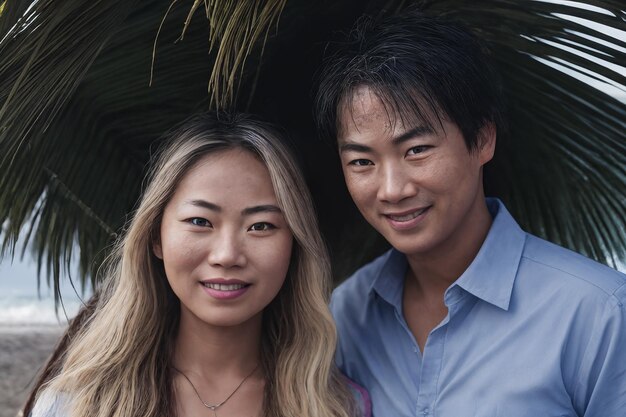 Un homme et une femme heureux et souriants sur la plage sur la toile de fond des vagues de l'océan Un jeune et beau couple d'Asiatiques amoureux