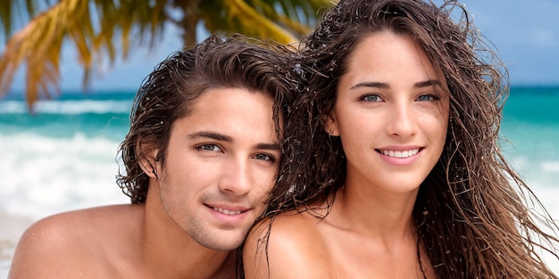 Un homme et une femme heureux et souriants sur la plage sur la toile de fond des vagues de l'océan Un jeune et beau couple d'Européens amoureux