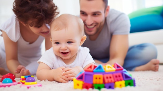 un homme et une femme jouant avec un bébé sur le sol