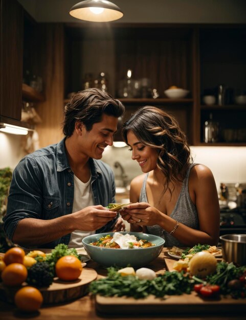 un homme et une femme mangent ensemble un repas dans la cuisine