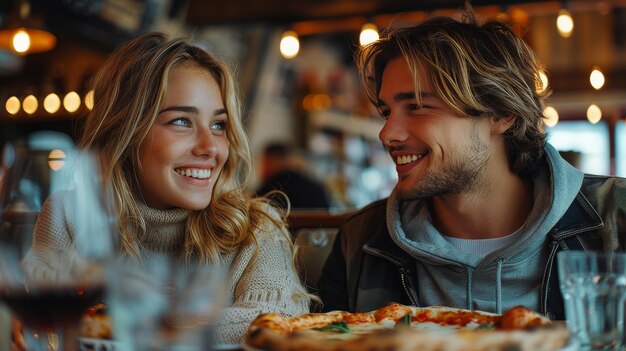 Un homme et une femme mangent de la pizza à table