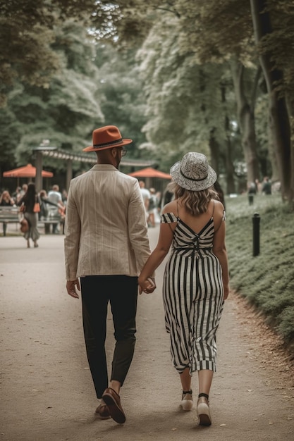 Un homme et une femme marchant sur un chemin Image AI générative