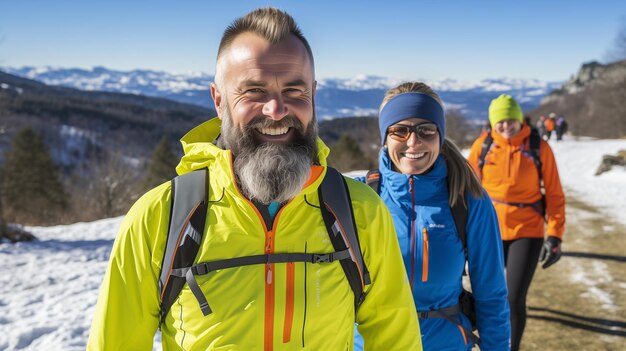 un homme et une femme marchant dans l'hiver froid et neigeux