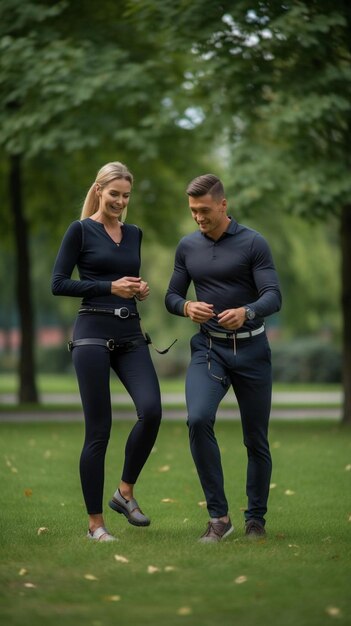 un homme et une femme marchant dans un parc