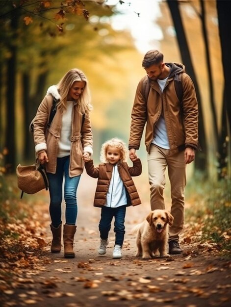 un homme et une femme marchant avec une petite fille et un chien