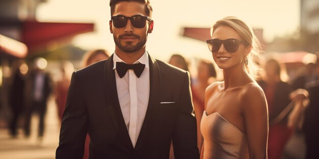 un homme et une femme marchant sur le tapis rouge en lunettes de soleil IA générative
