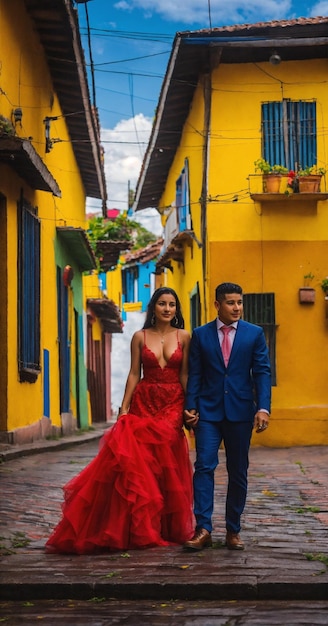 un homme et une femme marchent dans une rue devant un bâtiment jaune