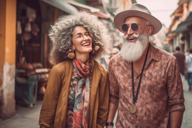 Un homme et une femme marchent dans la rue et sourient.